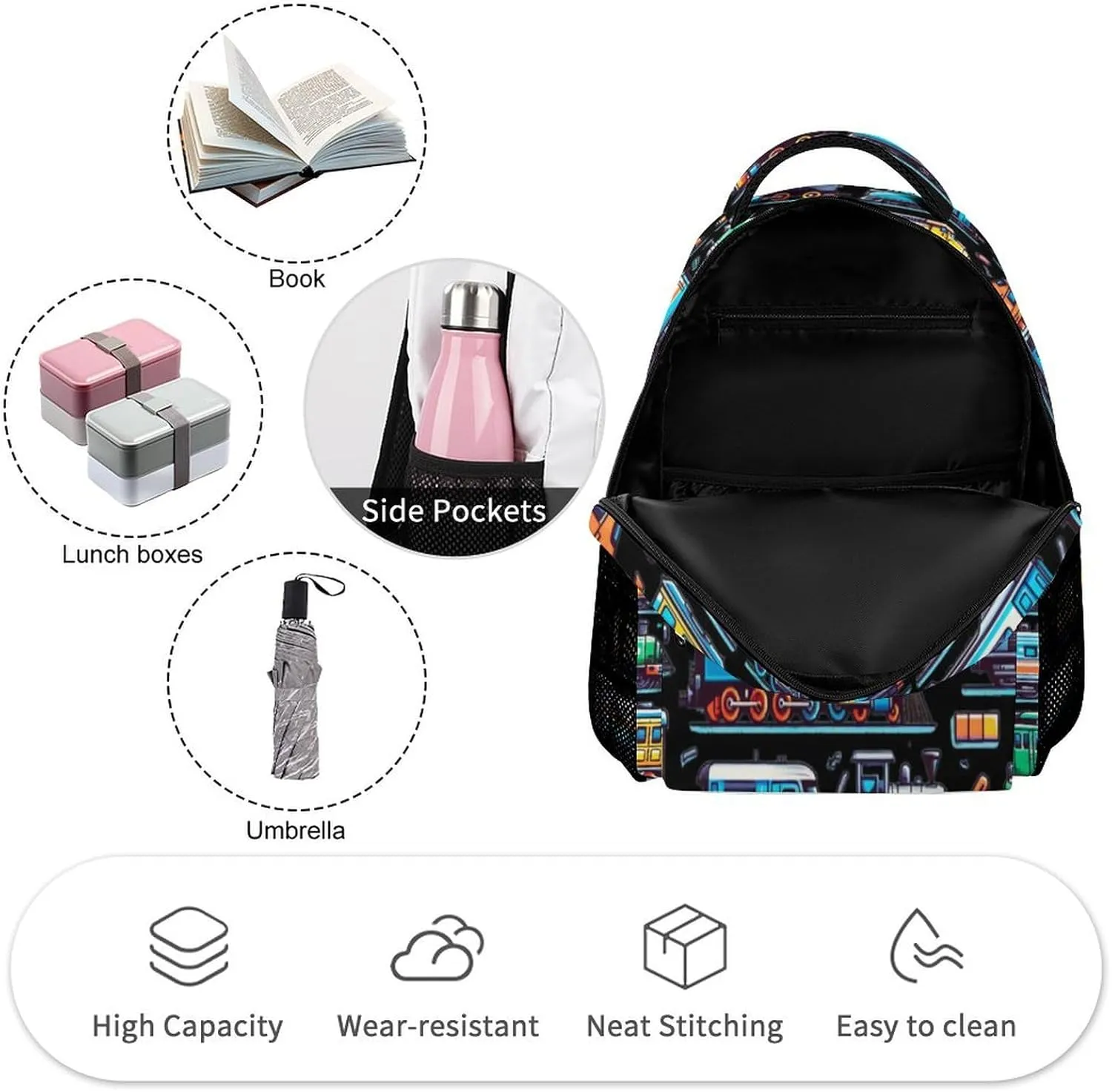 Train School Backpack for Kids Girls Boys, 16 Inch Cute Trains Themed Bookbag, Personalized Railway School Backpacks for Students Children, Lightweight, Large Capacity