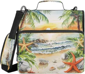Tropical Trees Seashells Seastars Office Binder Organizer with Shoulder Strap Easy to Carry 1.5 Inch 3 Rings Storage Bag Portfolio Binder Home Travel Cards Storage Container