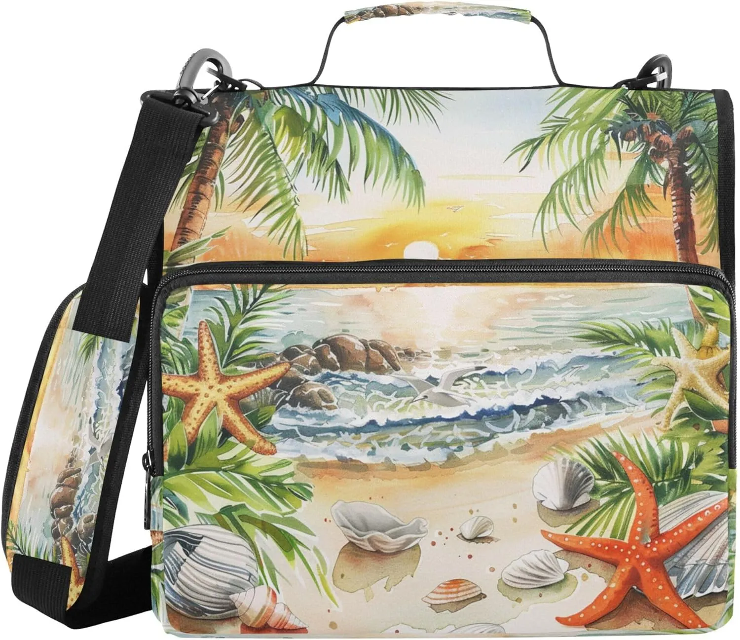 Tropical Trees Seashells Seastars Office Binder Organizer with Shoulder Strap Easy to Carry 1.5 Inch 3 Rings Storage Bag Portfolio Binder Home Travel Cards Storage Container