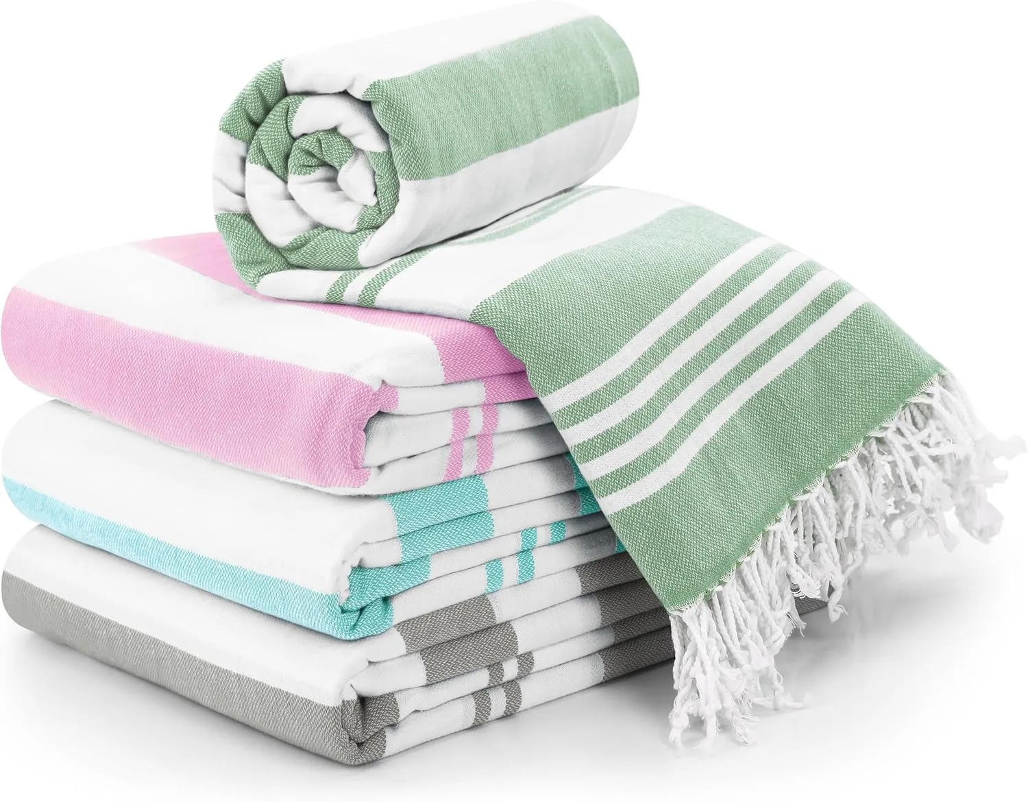 Utopia Towels - 4 Pack Turkish Beach Towel (40 x 72 Inches) - 100% Cotton Oversized Sand Free Lightweight & Quick-Dry, Prewashed for Soft Feel Large Peshtemal Towel (Cool Grey, Aqua, Pink, Sea Foam)