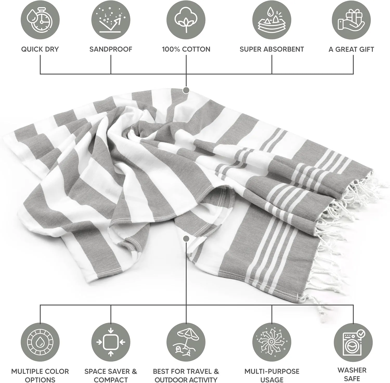Utopia Towels - 4 Pack Turkish Beach Towel (40 x 72 Inches) - 100% Cotton Oversized Sand Free Lightweight & Quick-Dry, Prewashed for Soft Feel Large Peshtemal Towel (Cool Grey, Aqua, Pink, Sea Foam)