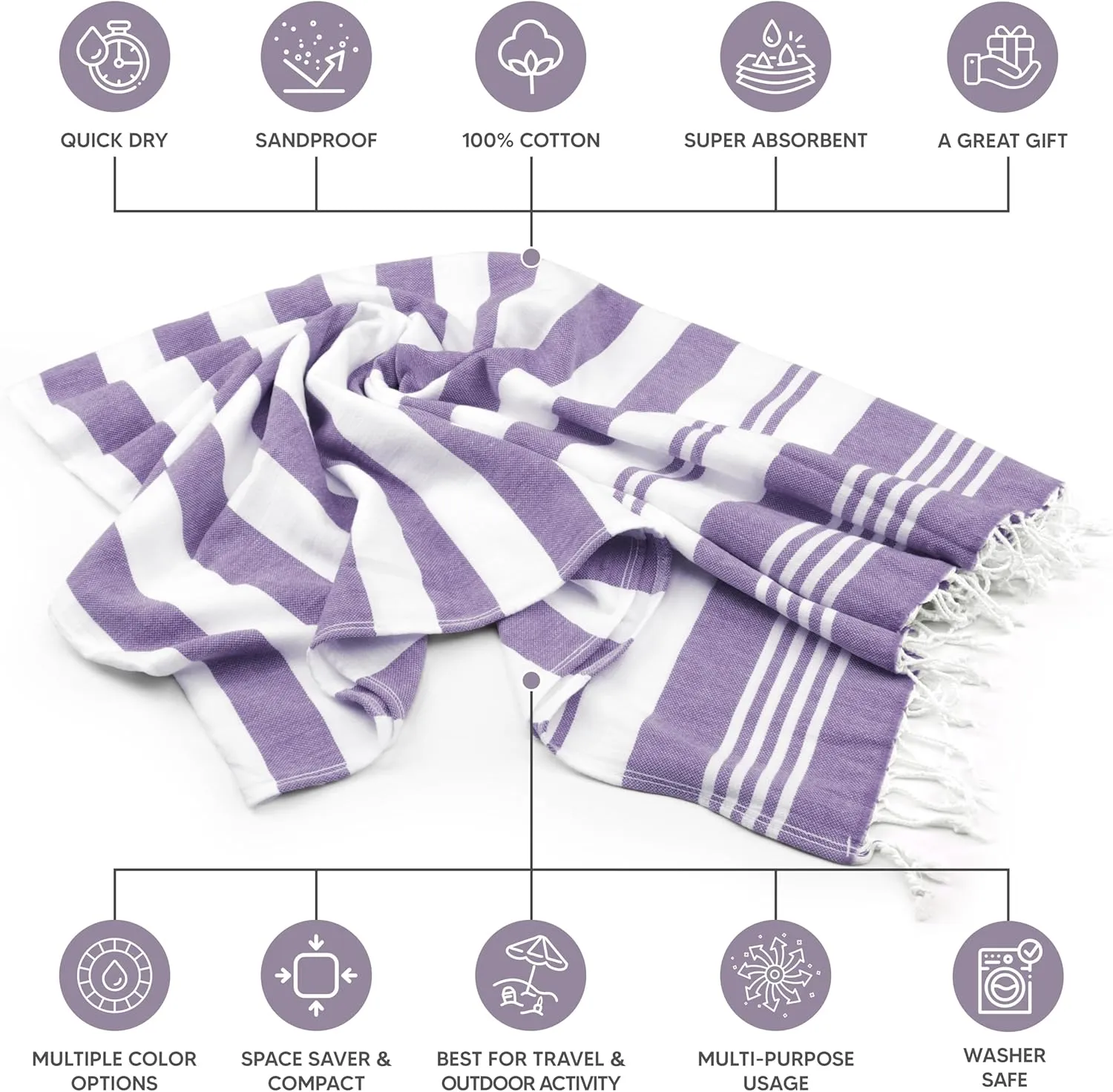 Utopia Towels - 4 Pack Turkish Beach Towel (40 x 72 Inches) - 100% Cotton Oversized Sand Free Quick-Dry Turkish Towel, Prewashed for Soft Feel, Large Peshtemal Towel (Grey, Navy, Purple, Buff)