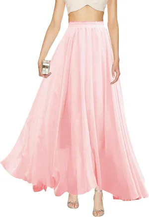 v28 Women Full/Ankle Length Elastic Pleated Retro Maxi Chiffon Long Skirt