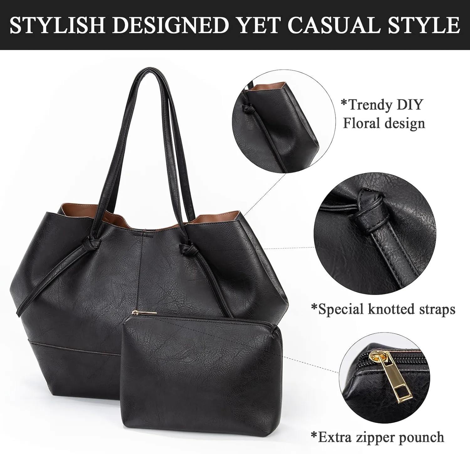 Vegan Leather Large Tote Bags for Women Soft Everyday Shoulder Purses for Work Travel Handbags,with A Makeup Bag