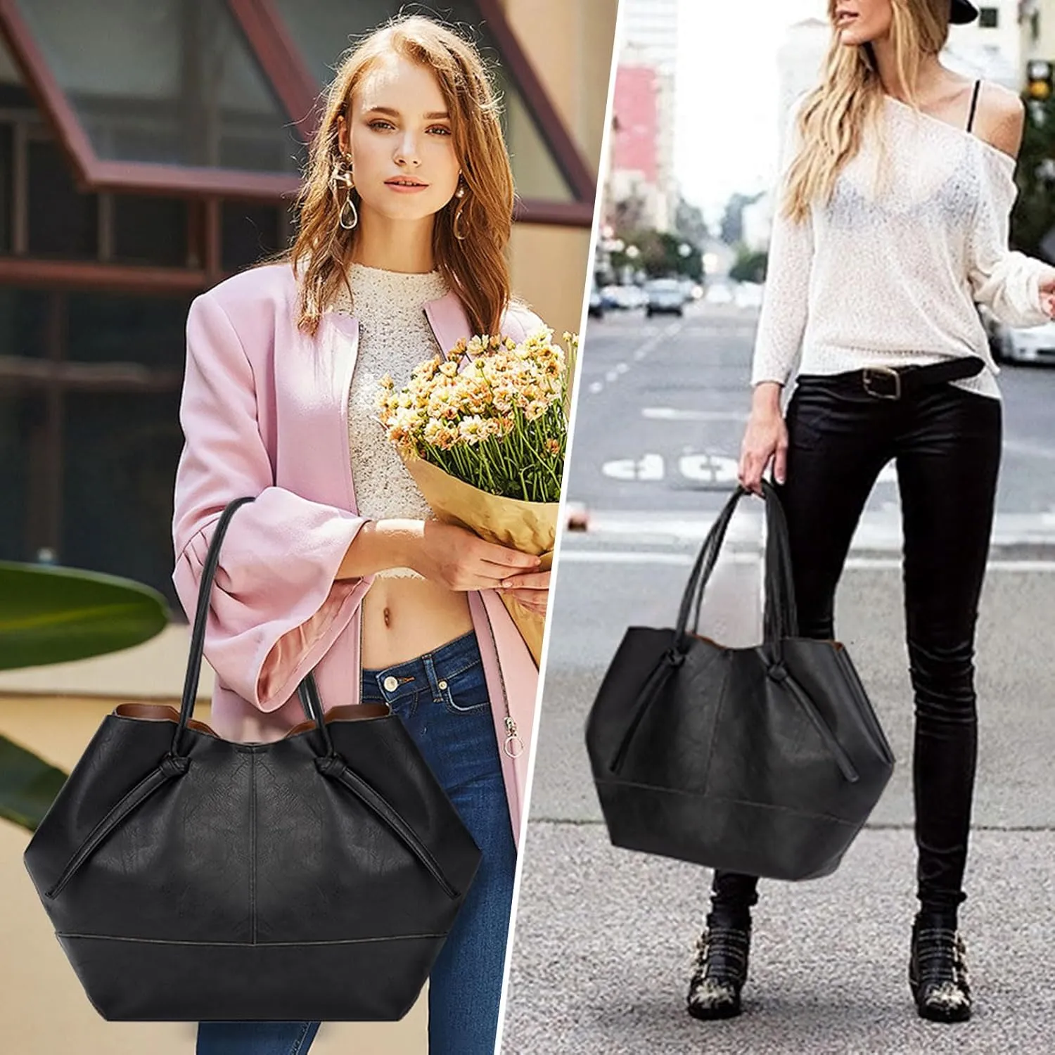 Vegan Leather Large Tote Bags for Women Soft Everyday Shoulder Purses for Work Travel Handbags,with A Makeup Bag