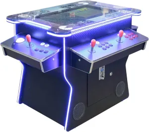 West State Gamerooms Cocktail Arcade Machine with LEDs – Lift-Up Arcade Game Cabinet – Pre-Assembled 2 Player 3000 Retro Video Games Table with 26-Inch LCD Screen Track Ball and 2 Chrome Bar Stools