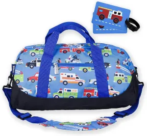 Wildkin Kids Overnighter Duffel Bag Bundle with 2 Matching Bag Tags (Fire Truck)