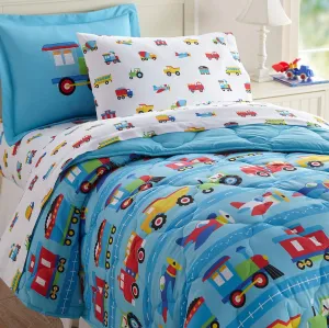 Wildkin Twin Bed in a Bag – 5-Piece Microfiber Bedding Set with Comforter, Pillowcase & Sheets - Trains, Planes, and Trucks