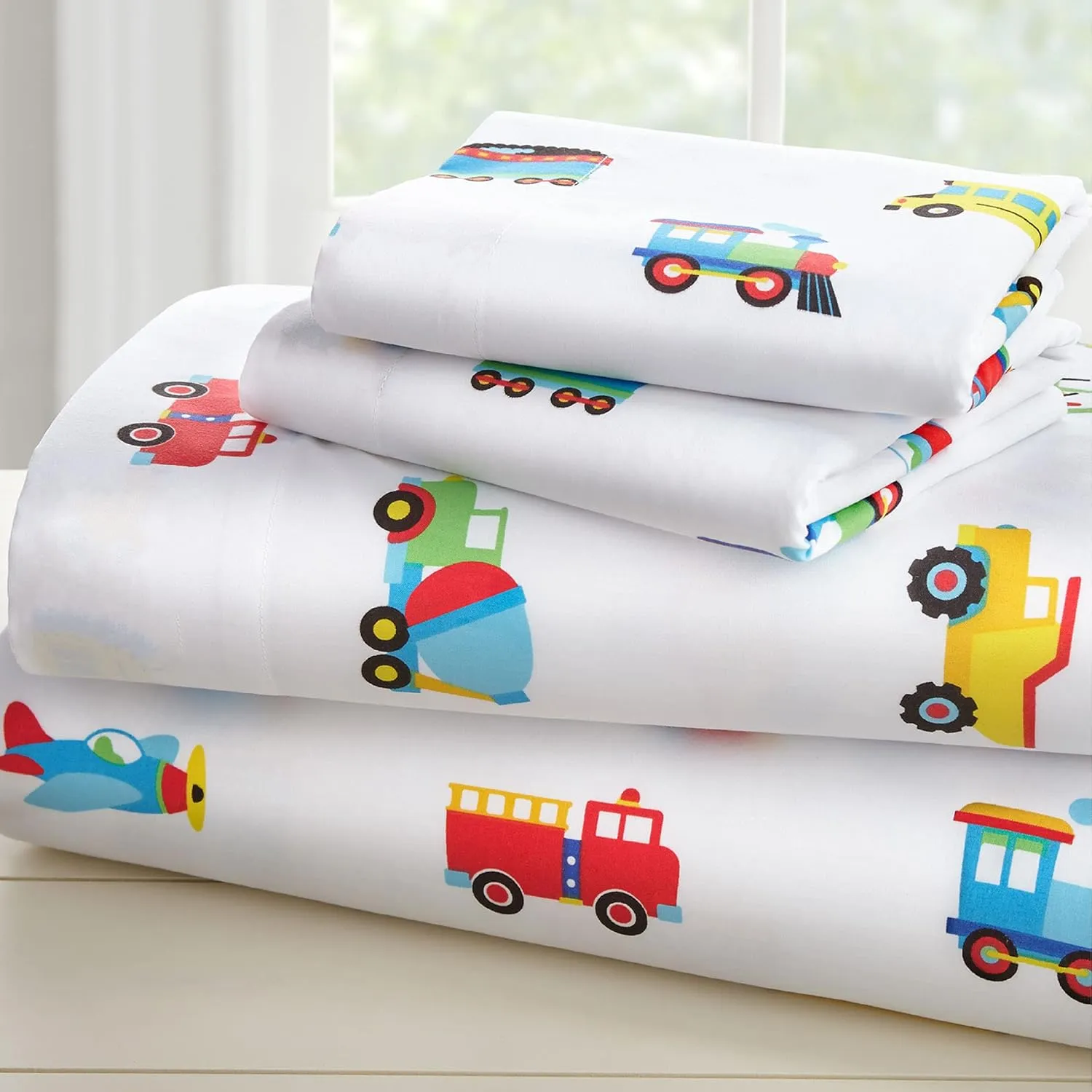 Wildkin Twin Bed in a Bag – 5-Piece Microfiber Bedding Set with Comforter, Pillowcase & Sheets - Trains, Planes, and Trucks
