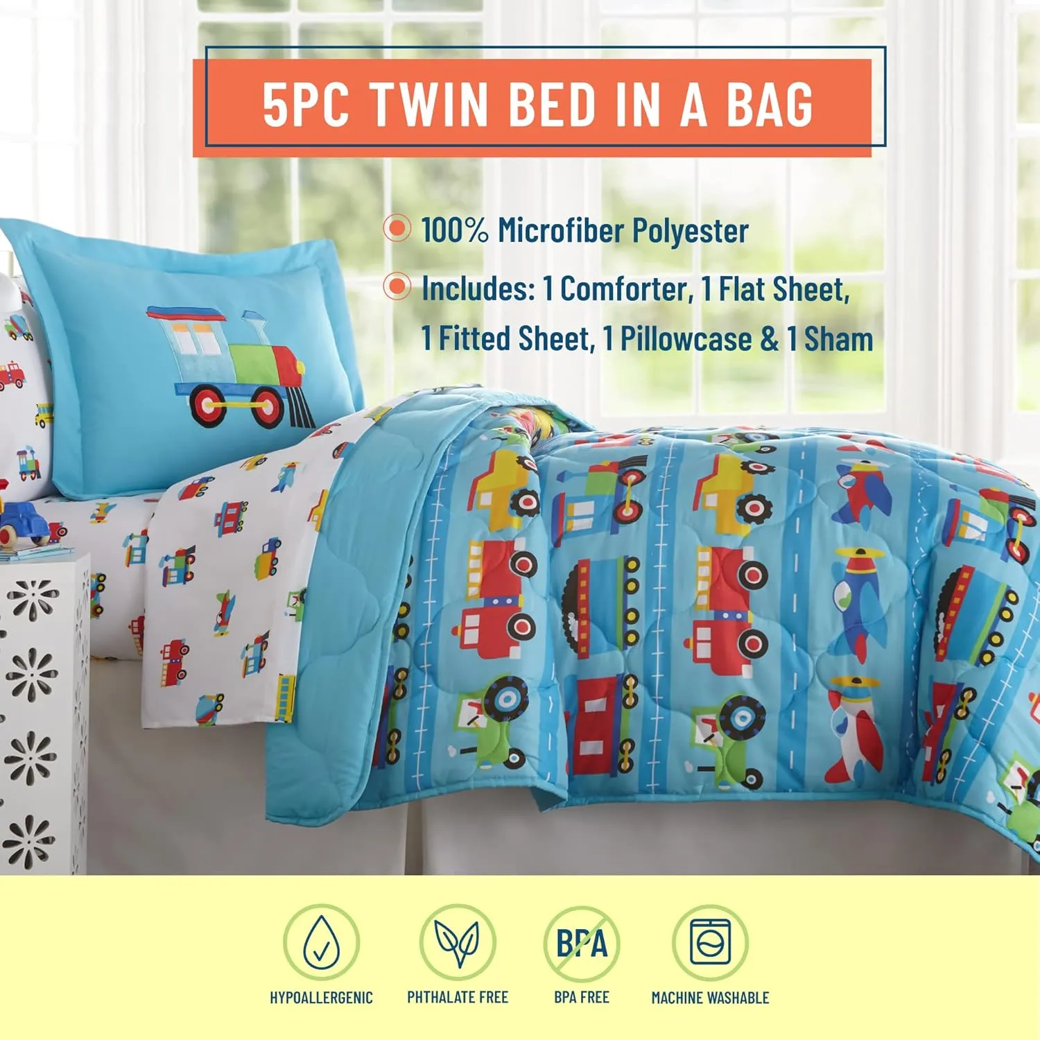 Wildkin Twin Bed in a Bag – 5-Piece Microfiber Bedding Set with Comforter, Pillowcase & Sheets - Trains, Planes, and Trucks