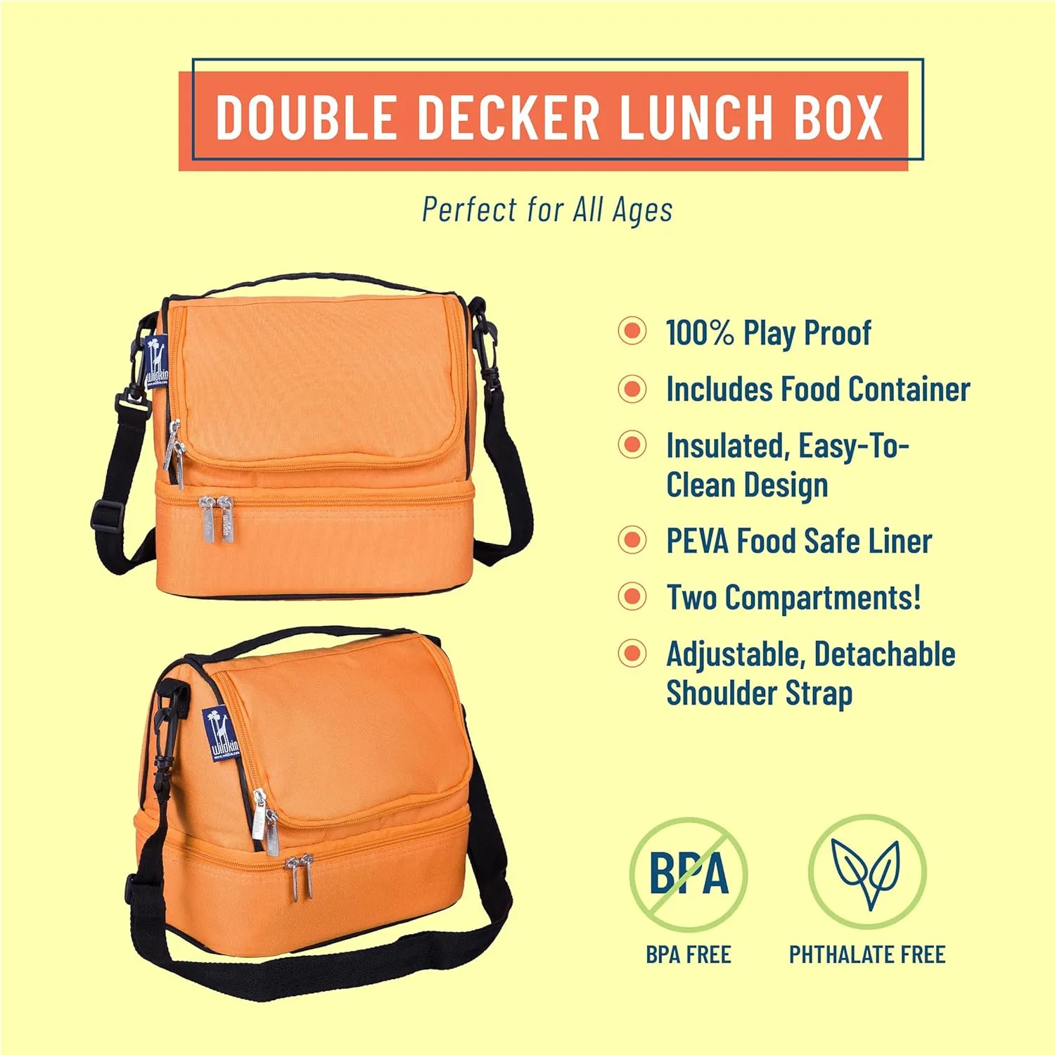 Wildkin Two Compartment Insulated Lunch Bag for Kids – School & Travel Ready - Bengal Orange