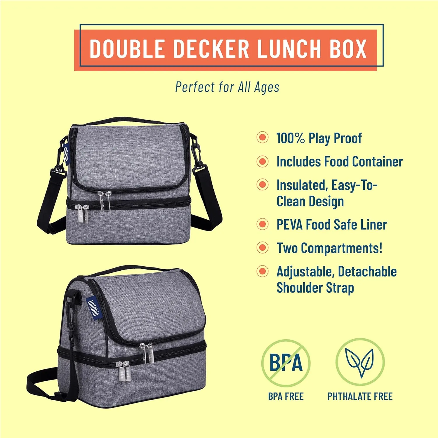 Wildkin Two Compartment Insulated Lunch Bag for Kids – School & Travel Ready - Gray Tweed