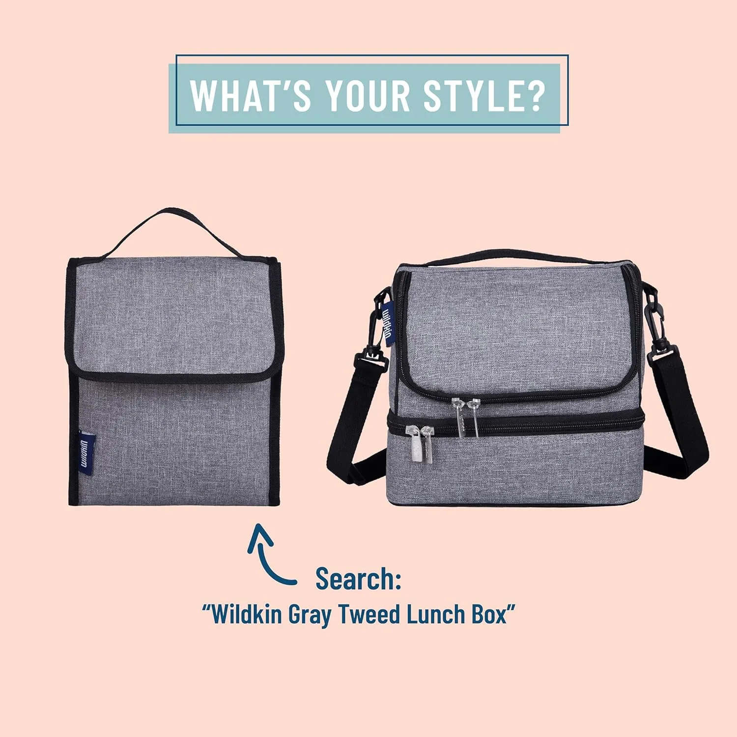 Wildkin Two Compartment Insulated Lunch Bag for Kids – School & Travel Ready - Gray Tweed