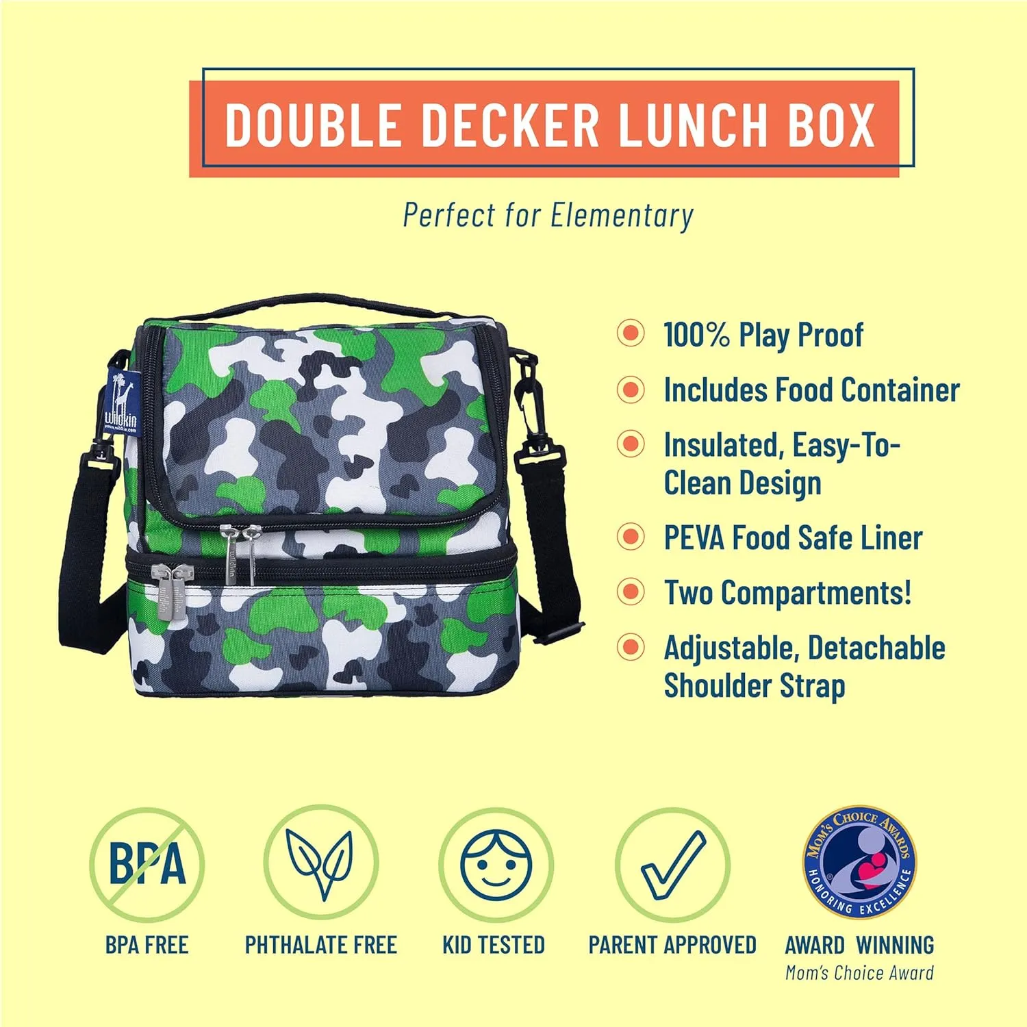 Wildkin Two Compartment Insulated Lunch Bag for Kids – School & Travel Ready - Green Camo