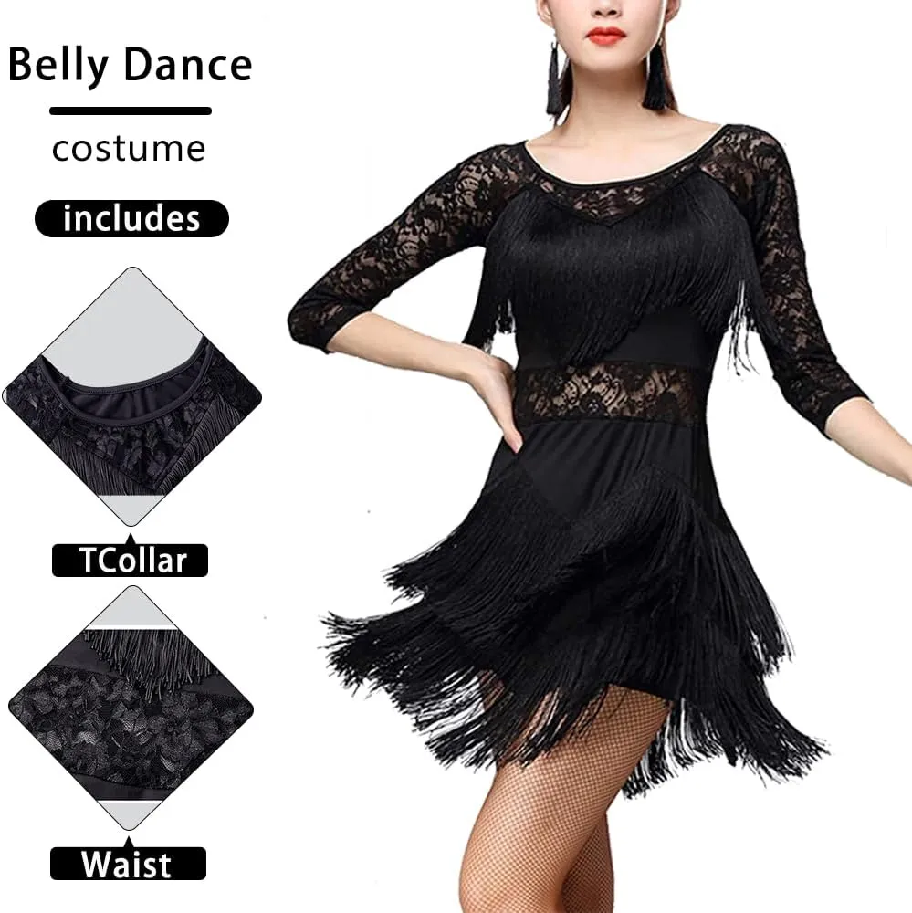 Women Ballroom Latin Dance Dress Fringed Costume Lace Round Neck Half Sleeve Tango Salsa Dress with Shorts Large Size