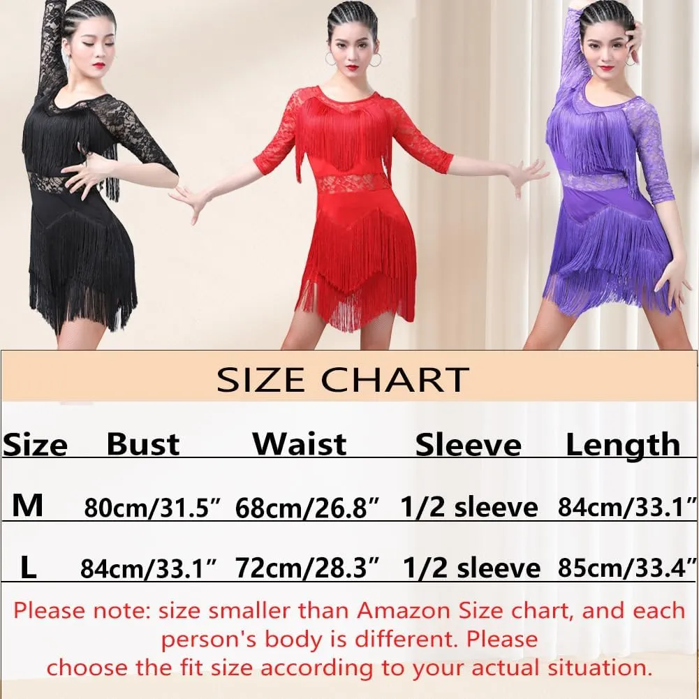 Women Ballroom Latin Dance Dress Fringed Costume Lace Round Neck Half Sleeve Tango Salsa Dress with Shorts Large Size