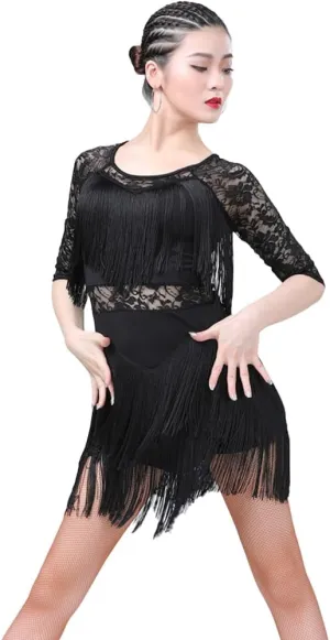 Women Ballroom Latin Dance Dress Fringed Costume Lace Round Neck Half Sleeve Tango Salsa Dress with Shorts Large Size