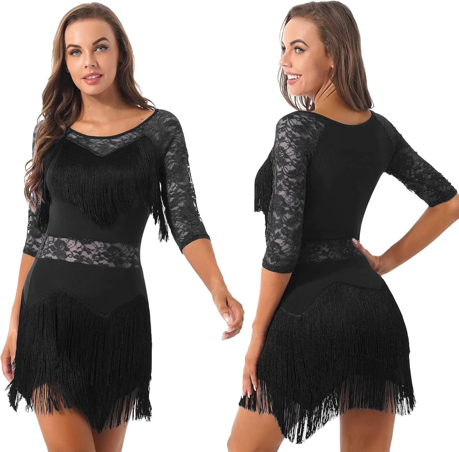 Women Ballroom Latin Dance Dress Fringed Costume Lace Round Neck Half Sleeve Tango Salsa Dress with Shorts Large Size