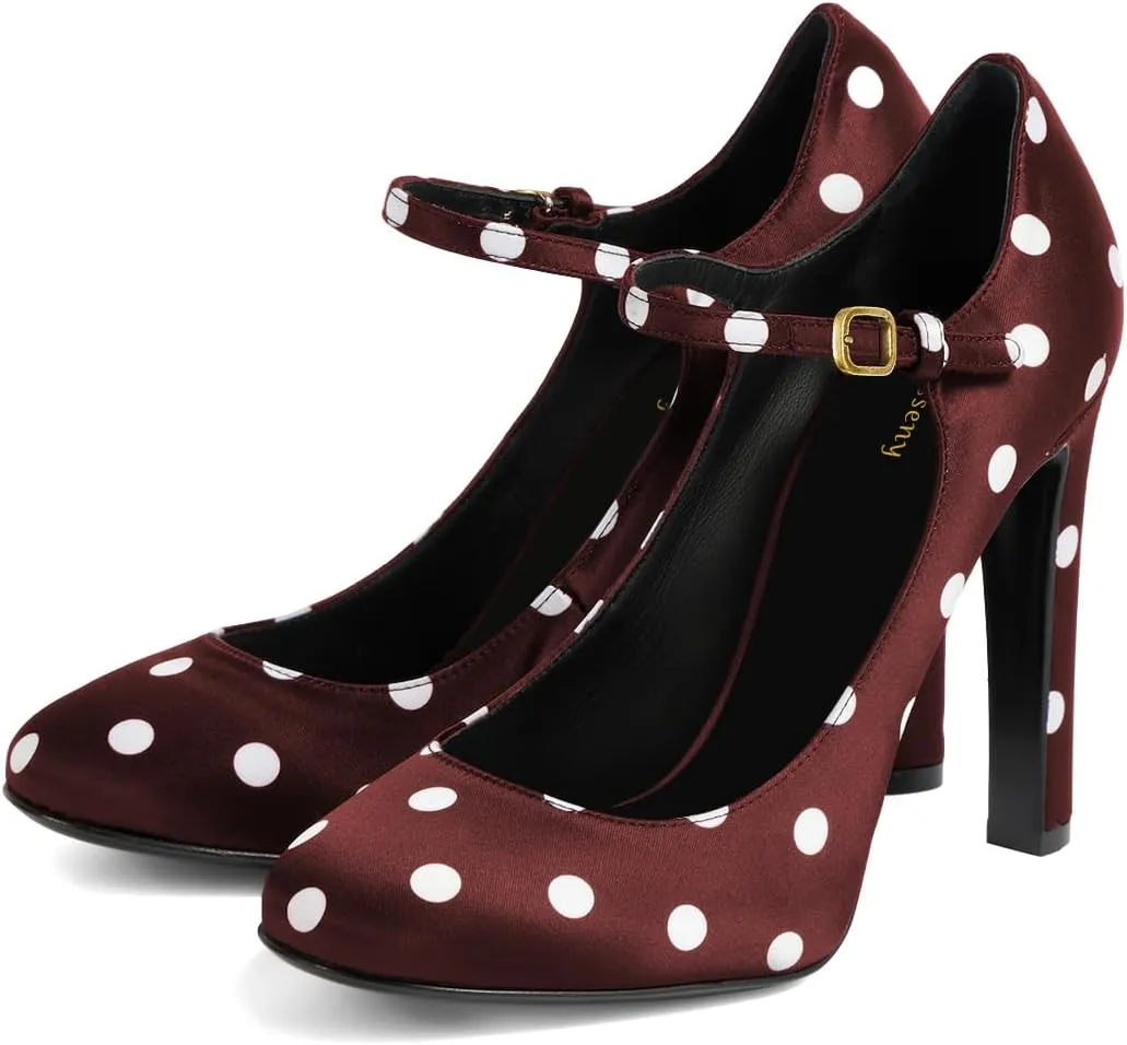 Women Elegant Round Toe Polka Dots Mary Jane Pumps Single Strap Buckle Chunky High Heels Party Prom Cocktail Shoes Size 4-16 US