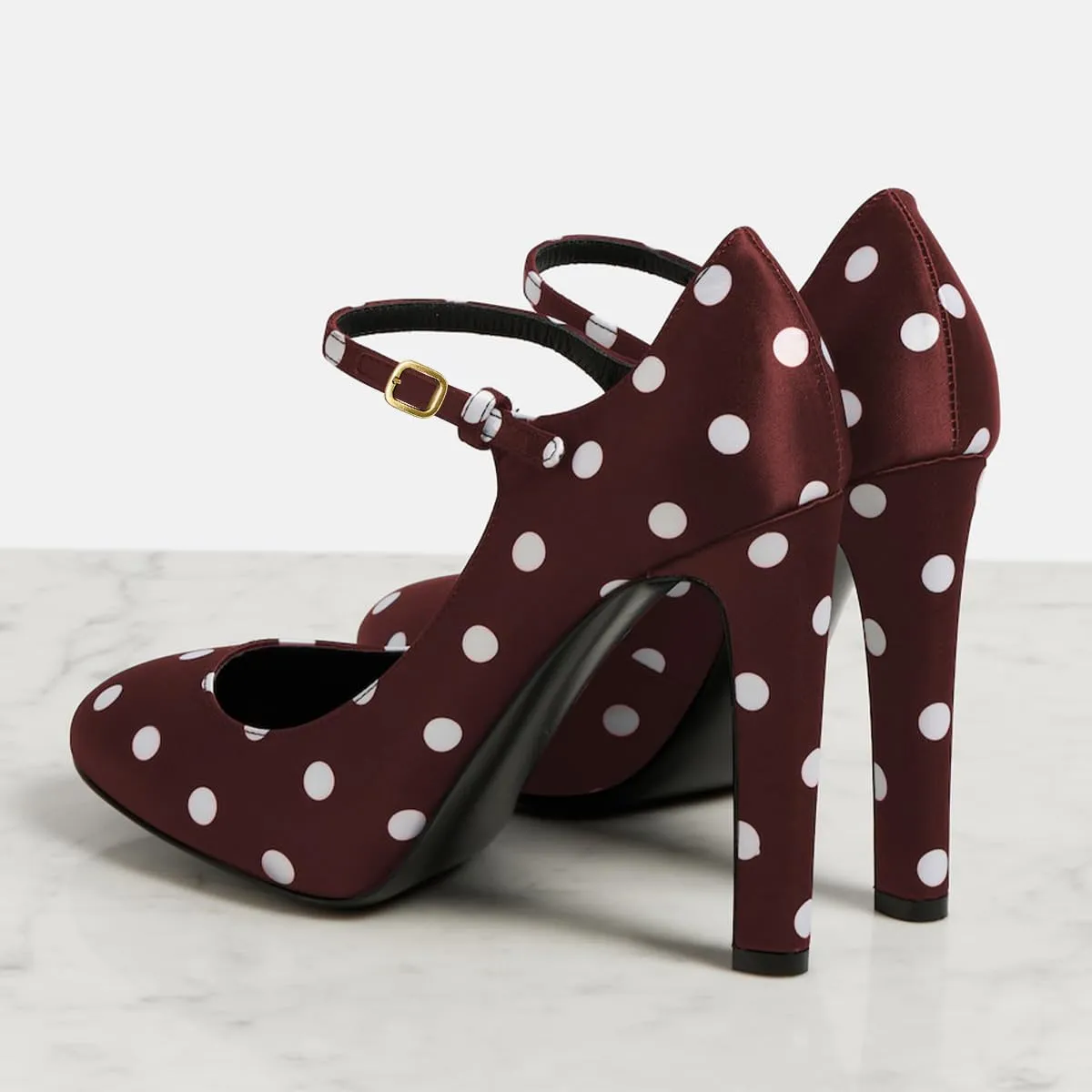 Women Elegant Round Toe Polka Dots Mary Jane Pumps Single Strap Buckle Chunky High Heels Party Prom Cocktail Shoes Size 4-16 US