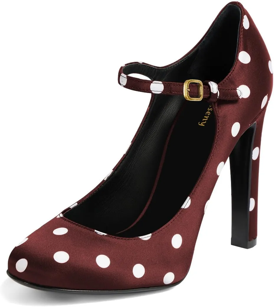 Women Elegant Round Toe Polka Dots Mary Jane Pumps Single Strap Buckle Chunky High Heels Party Prom Cocktail Shoes Size 4-16 US