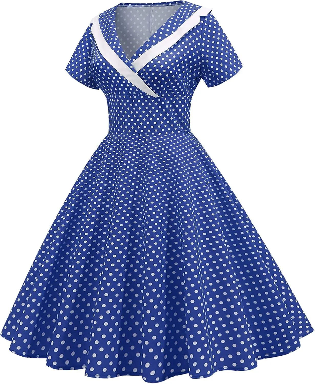 Women Notch Lapel 50s 60s Vintage Short Sleeve V-Neck Cocktail Swing Dress Polka Dot 1950s Rockabilly Prom Party Midi Dress