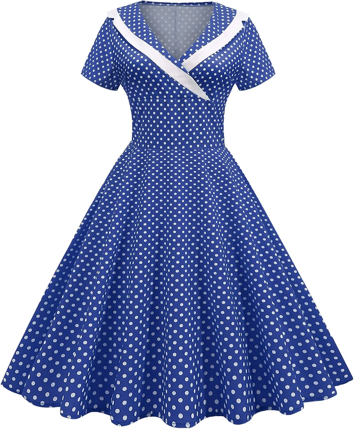 Women Notch Lapel 50s 60s Vintage Short Sleeve V-Neck Cocktail Swing Dress Polka Dot 1950s Rockabilly Prom Party Midi Dress