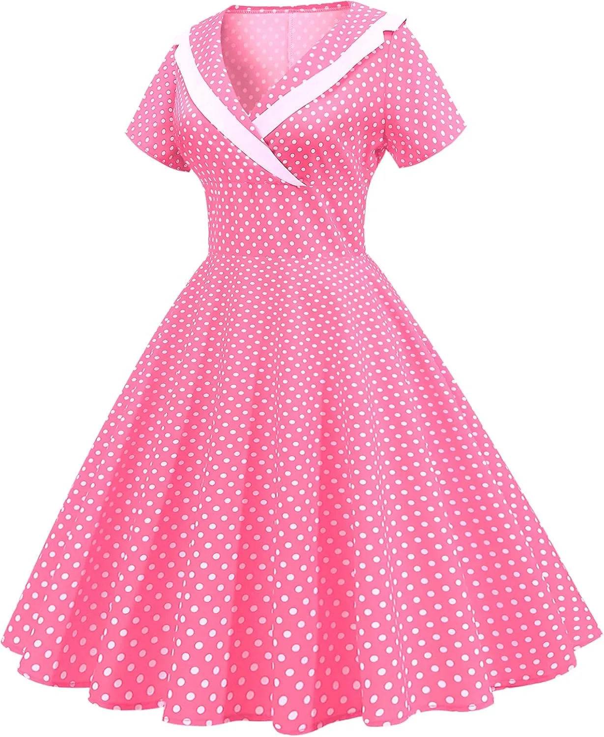Women Notch Lapel 50s 60s Vintage Short Sleeve V-Neck Cocktail Swing Dress Polka Dot 1950s Rockabilly Prom Party Midi Dress