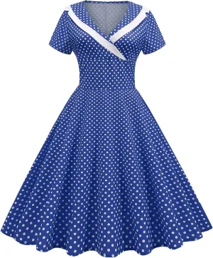 Women Notch Lapel 50s 60s Vintage Short Sleeve V-Neck Cocktail Swing Dress Polka Dot 1950s Rockabilly Prom Party Midi Dress