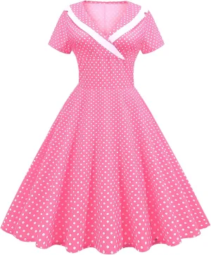 Women Notch Lapel 50s 60s Vintage Short Sleeve V-Neck Cocktail Swing Dress Polka Dot 1950s Rockabilly Prom Party Midi Dress