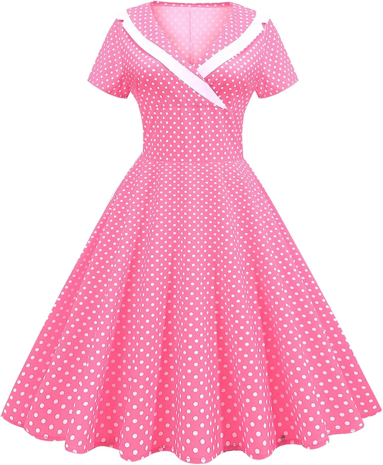Women Notch Lapel 50s 60s Vintage Short Sleeve V-Neck Cocktail Swing Dress Polka Dot 1950s Rockabilly Prom Party Midi Dress