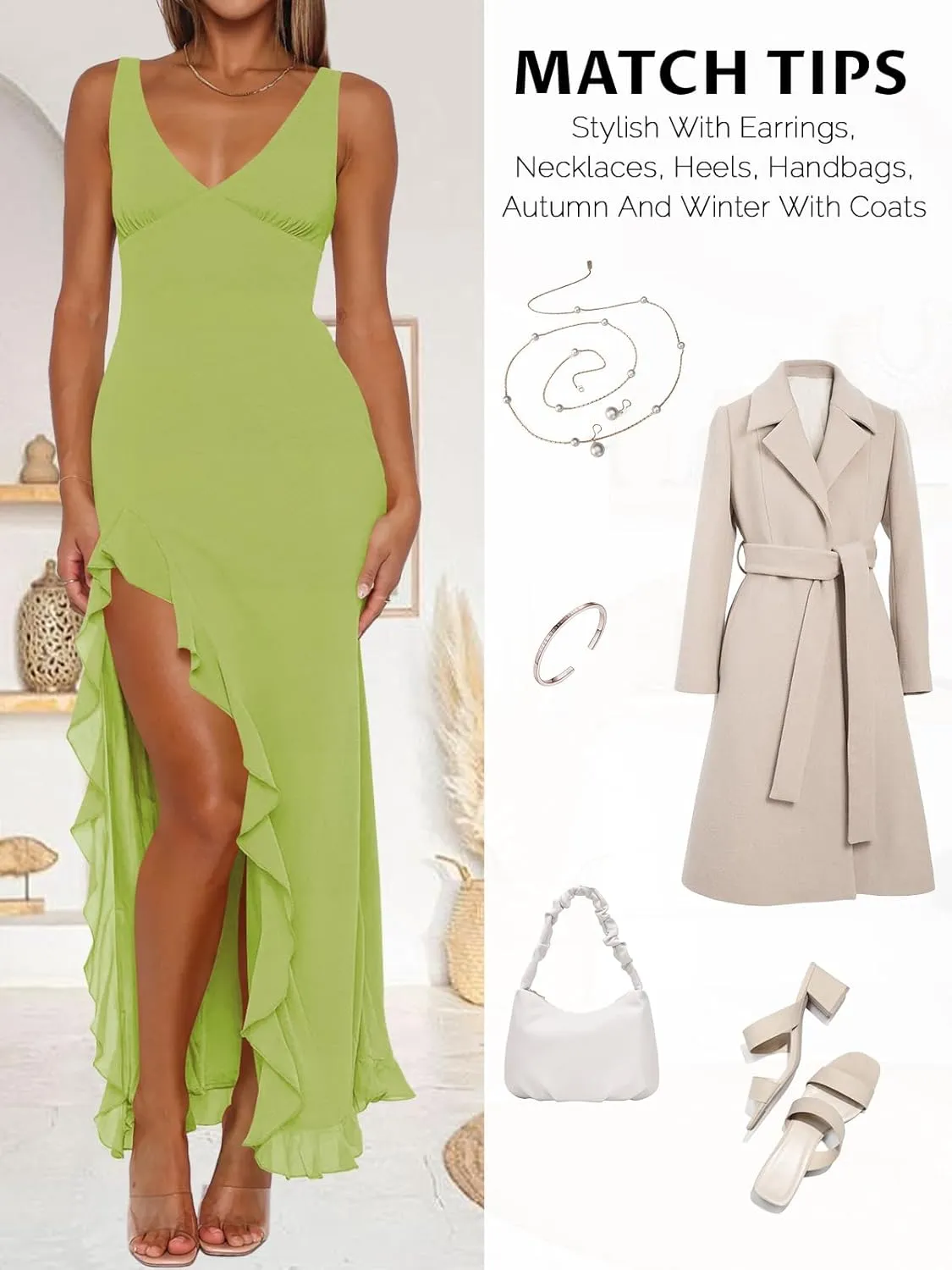 Women Sexy V Neck Sleeveless Mesh Ruffle Hem Bodycon Maxi Casual Backless High Slit Cocktail Party Dress