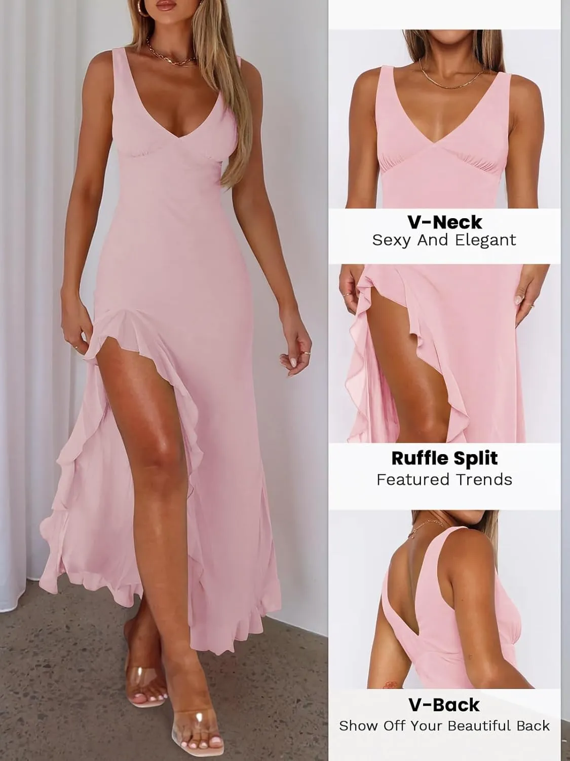 Women Sexy V Neck Sleeveless Mesh Ruffle Hem Bodycon Maxi Casual Backless High Slit Cocktail Party Dress