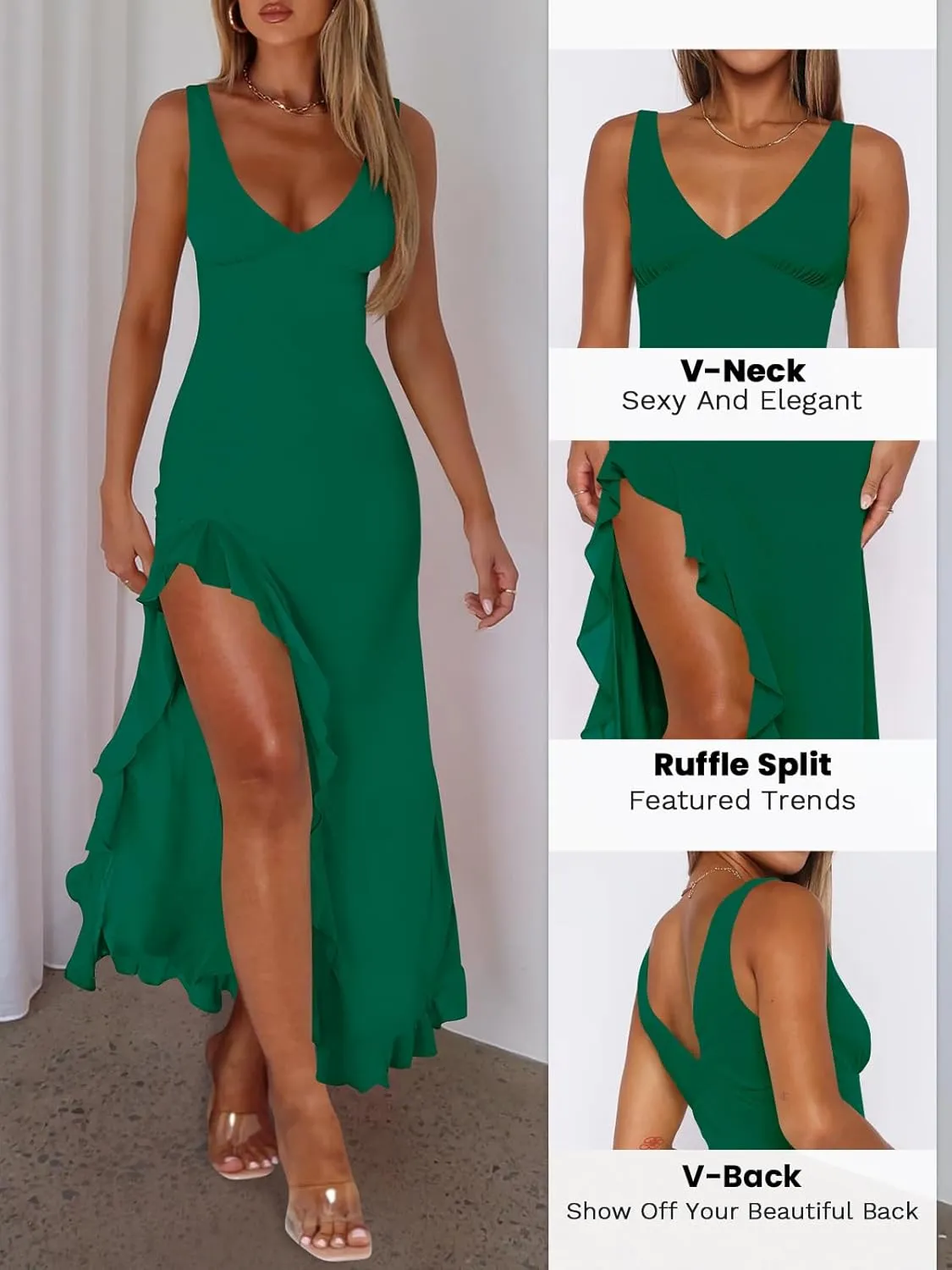 Women Sexy V Neck Sleeveless Mesh Ruffle Hem Bodycon Maxi Casual Backless High Slit Cocktail Party Dress
