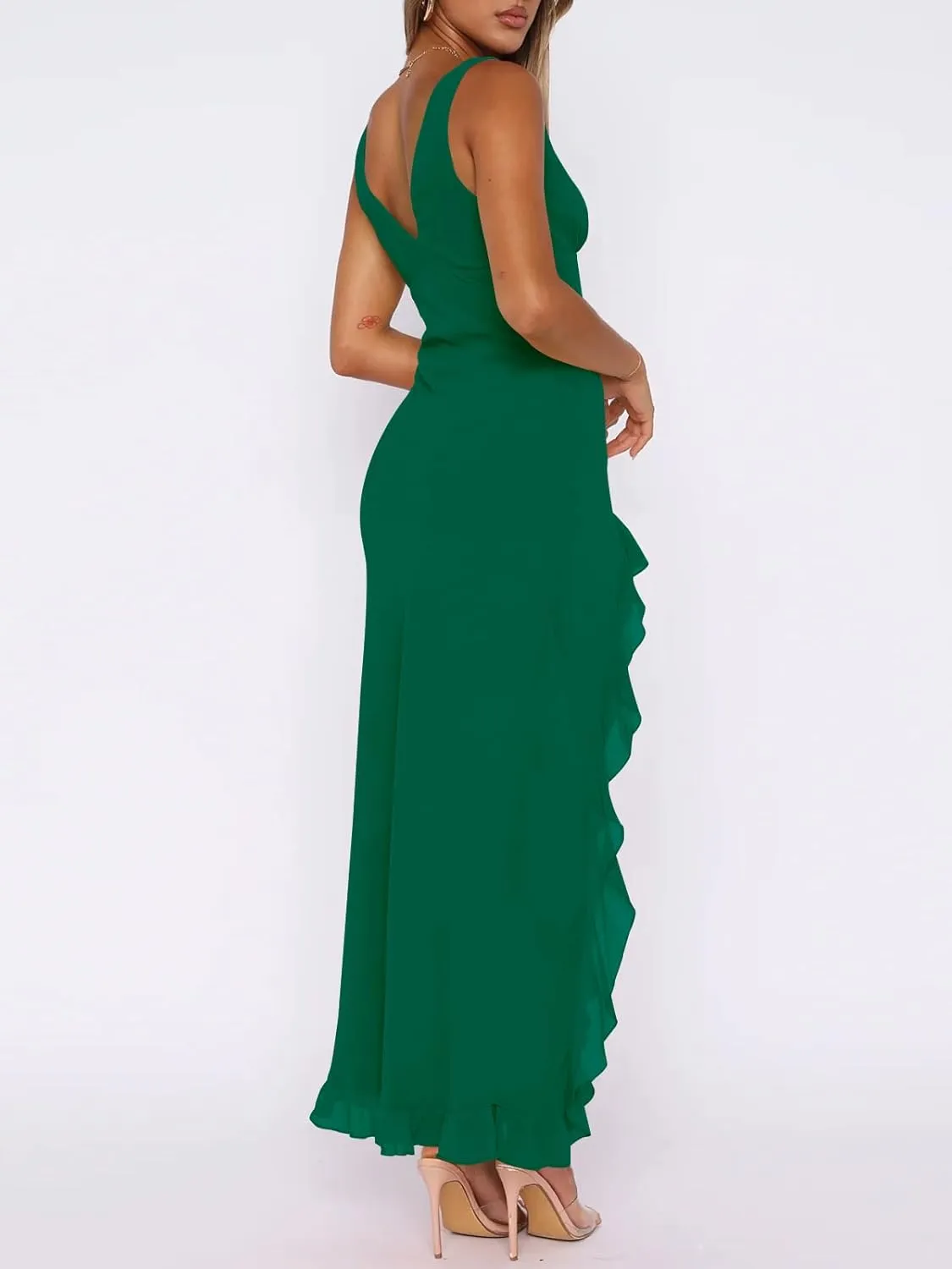 Women Sexy V Neck Sleeveless Mesh Ruffle Hem Bodycon Maxi Casual Backless High Slit Cocktail Party Dress
