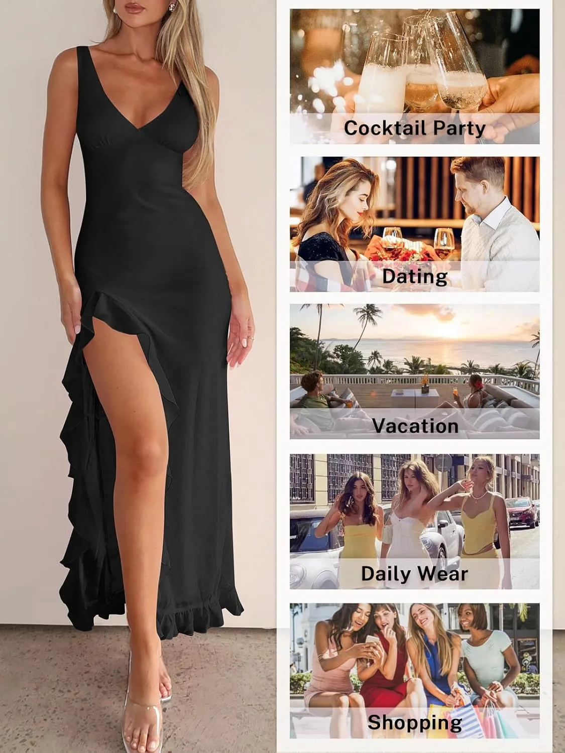 Women Sexy V Neck Sleeveless Mesh Ruffle Hem Bodycon Maxi Casual Backless High Slit Cocktail Party Dress