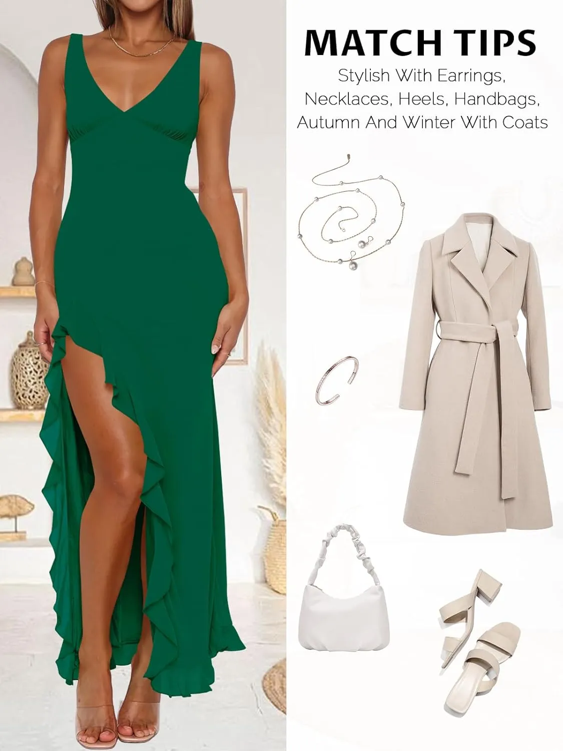Women Sexy V Neck Sleeveless Mesh Ruffle Hem Bodycon Maxi Casual Backless High Slit Cocktail Party Dress