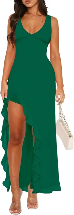 Women Sexy V Neck Sleeveless Mesh Ruffle Hem Bodycon Maxi Casual Backless High Slit Cocktail Party Dress
