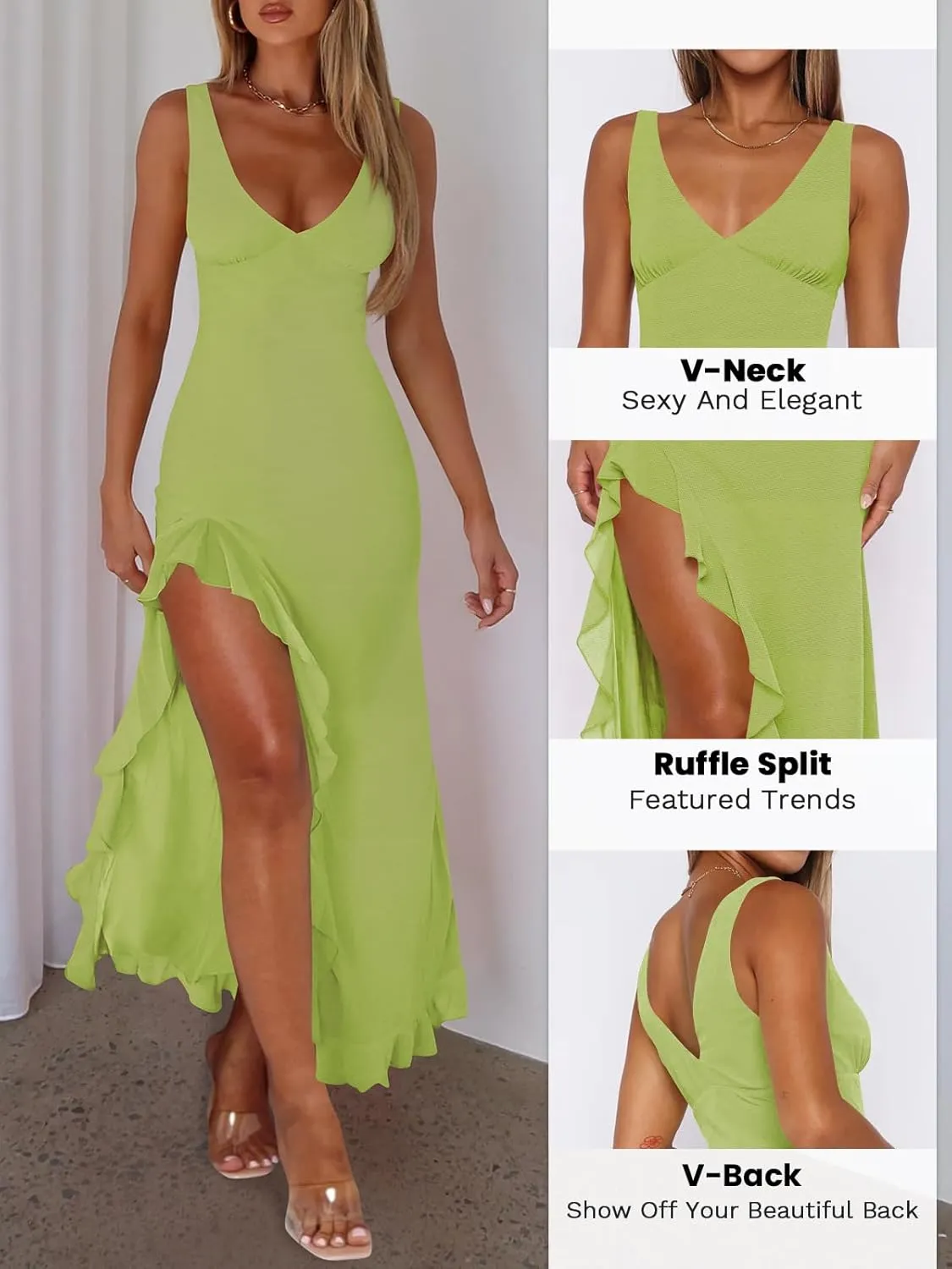 Women Sexy V Neck Sleeveless Mesh Ruffle Hem Bodycon Maxi Casual Backless High Slit Cocktail Party Dress