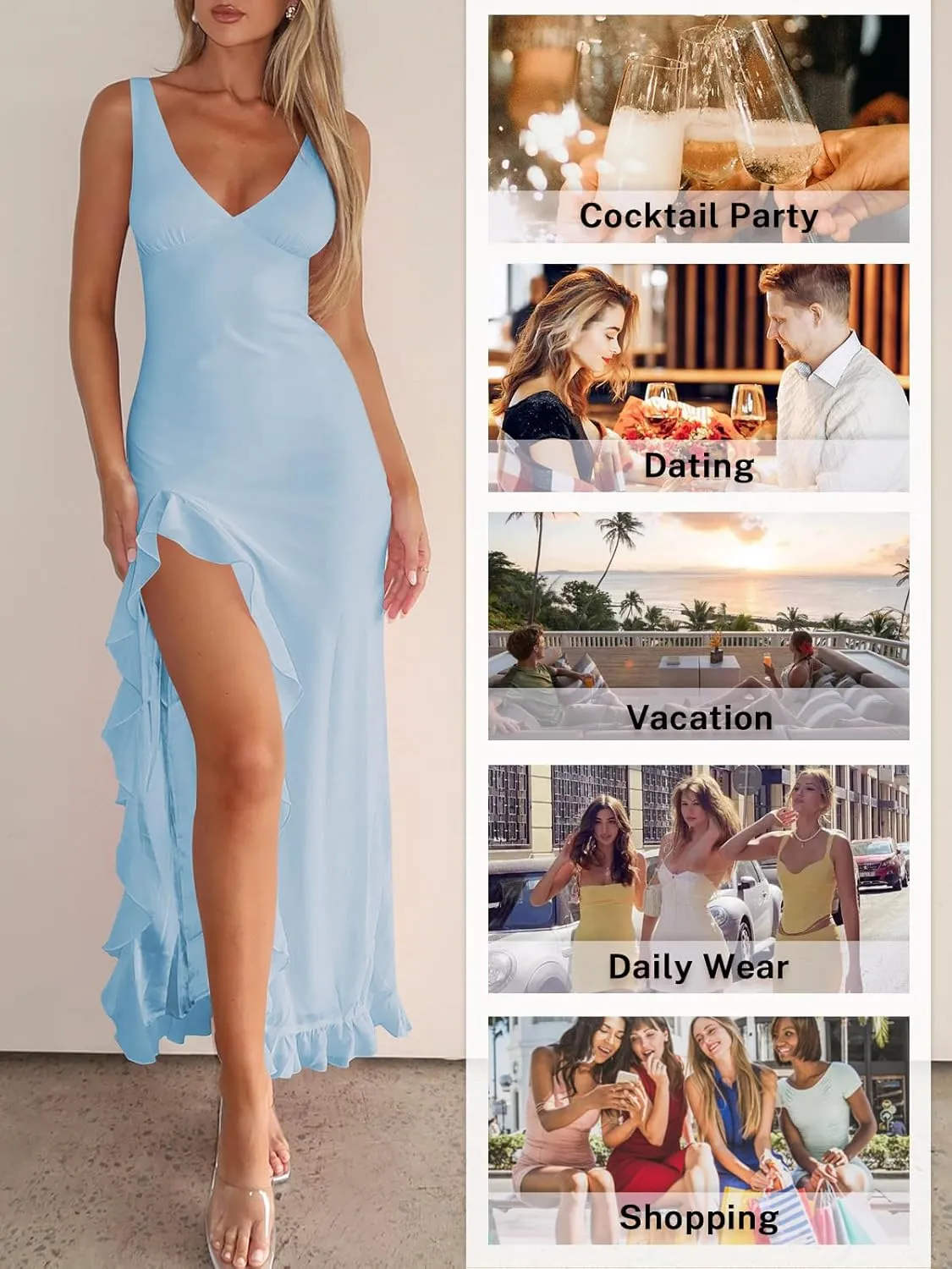 Women Sexy V Neck Sleeveless Mesh Ruffle Hem Bodycon Maxi Casual Backless High Slit Cocktail Party Dress