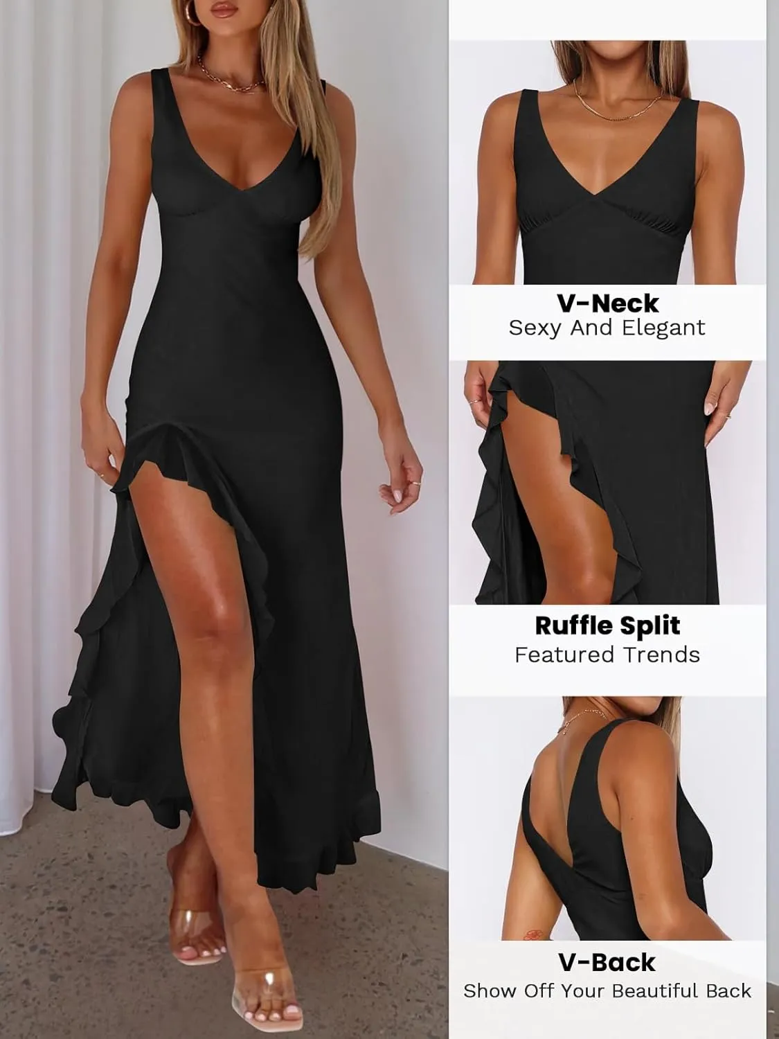 Women Sexy V Neck Sleeveless Mesh Ruffle Hem Bodycon Maxi Casual Backless High Slit Cocktail Party Dress