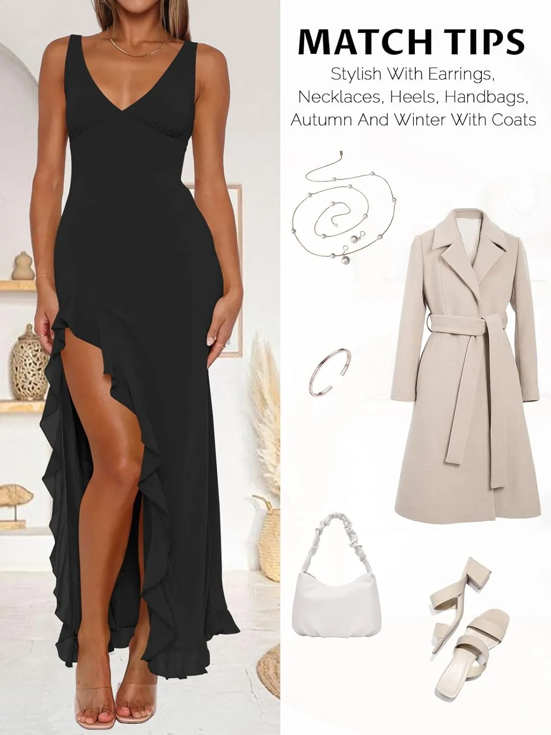 Women Sexy V Neck Sleeveless Mesh Ruffle Hem Bodycon Maxi Casual Backless High Slit Cocktail Party Dress
