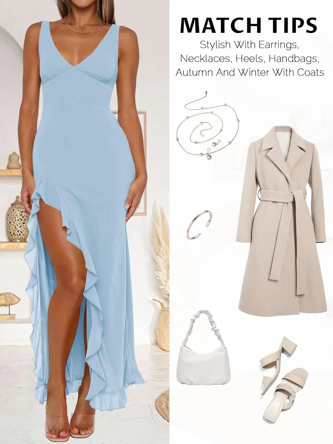 Women Sexy V Neck Sleeveless Mesh Ruffle Hem Bodycon Maxi Casual Backless High Slit Cocktail Party Dress