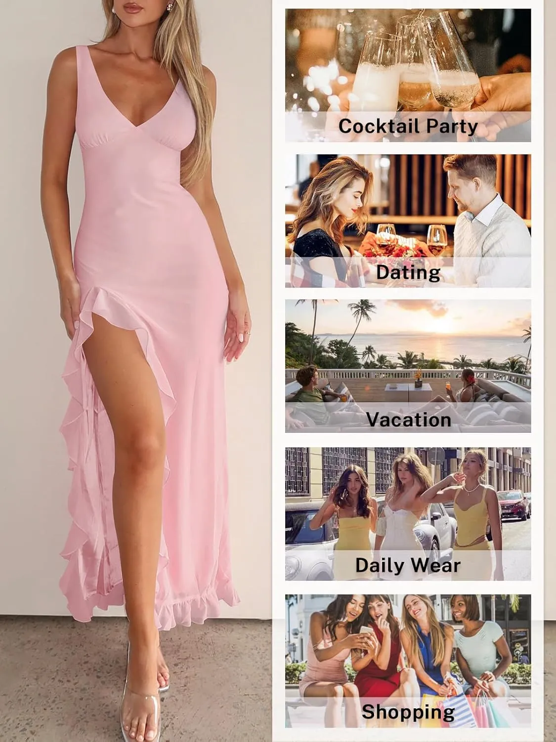Women Sexy V Neck Sleeveless Mesh Ruffle Hem Bodycon Maxi Casual Backless High Slit Cocktail Party Dress