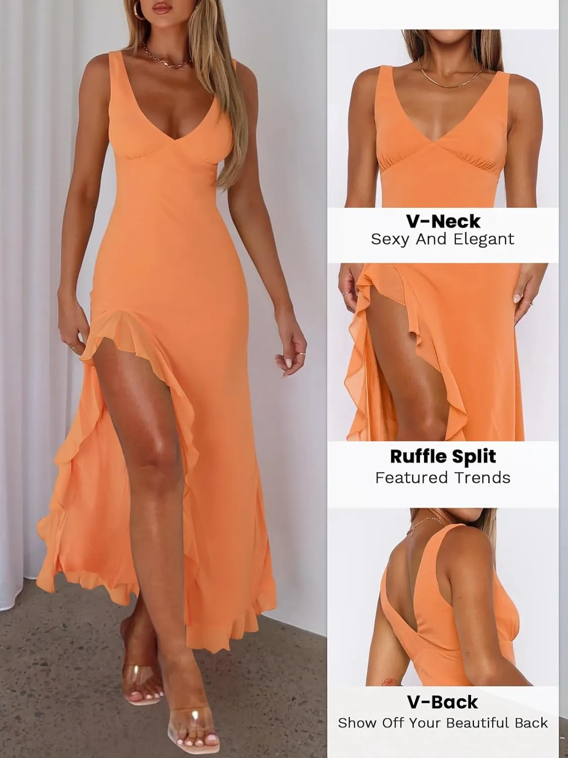 Women Sexy V Neck Sleeveless Mesh Ruffle Hem Bodycon Maxi Casual Backless High Slit Cocktail Party Dress