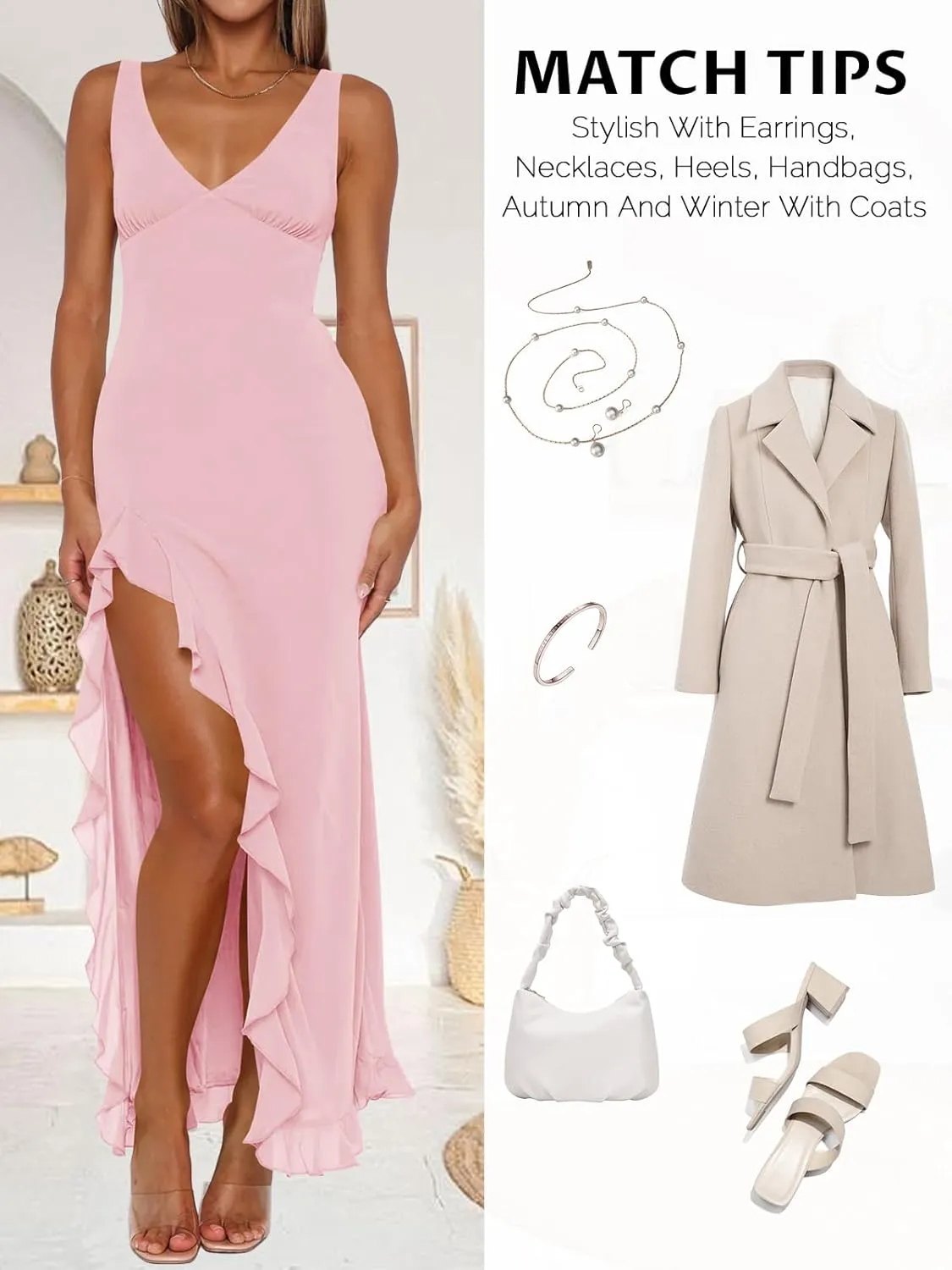 Women Sexy V Neck Sleeveless Mesh Ruffle Hem Bodycon Maxi Casual Backless High Slit Cocktail Party Dress