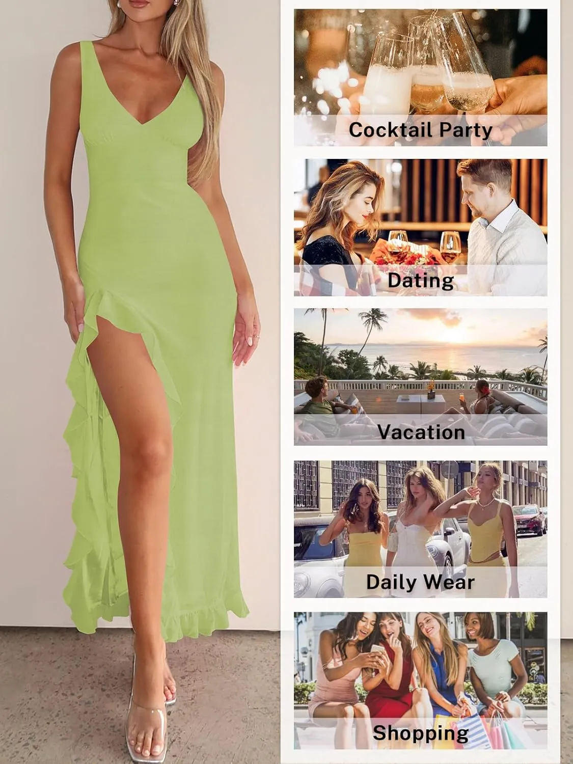Women Sexy V Neck Sleeveless Mesh Ruffle Hem Bodycon Maxi Casual Backless High Slit Cocktail Party Dress