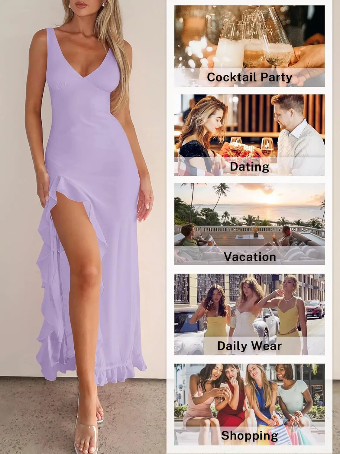 Women Sexy V Neck Sleeveless Mesh Ruffle Hem Bodycon Maxi Casual Backless High Slit Cocktail Party Dress