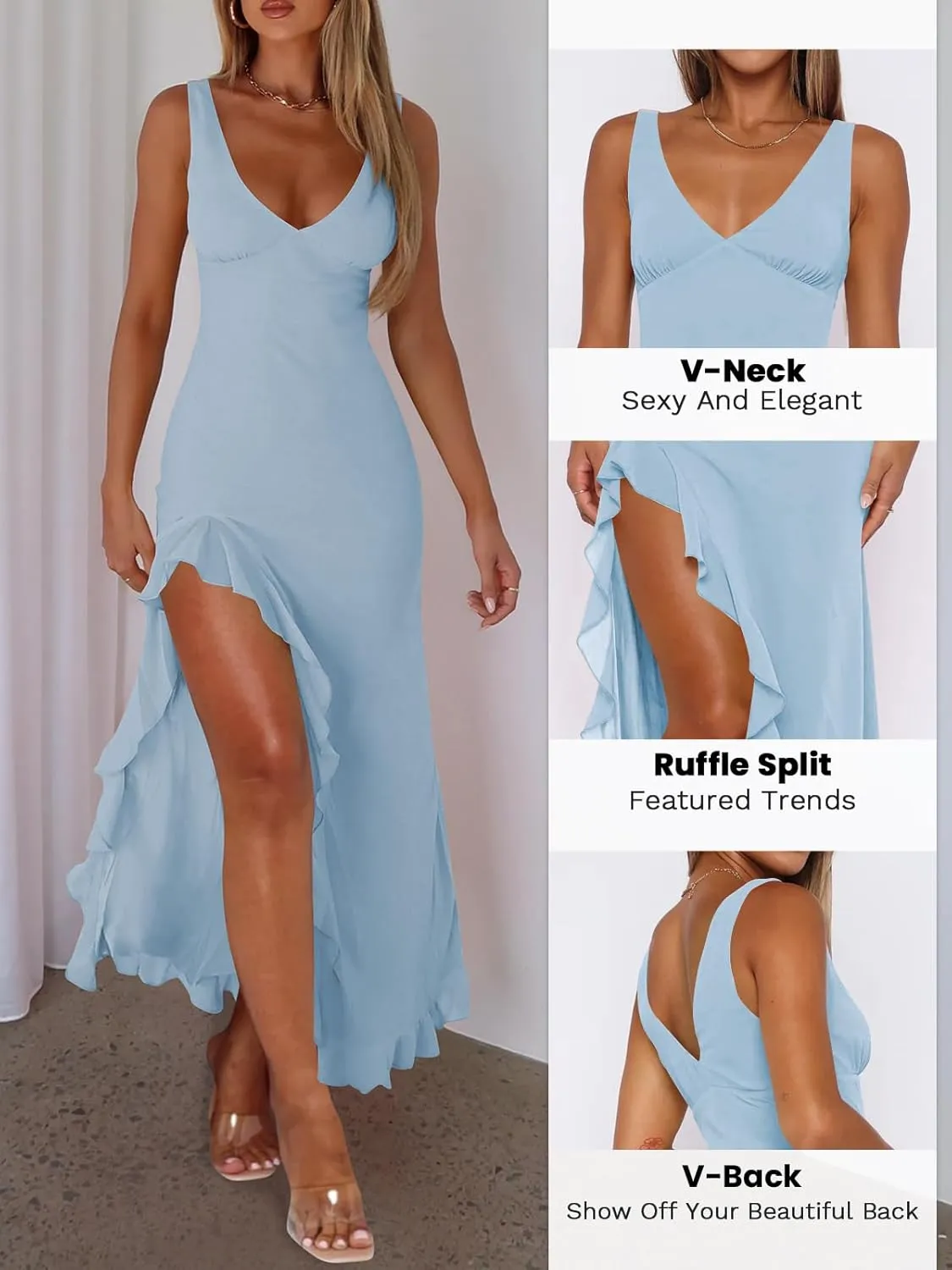 Women Sexy V Neck Sleeveless Mesh Ruffle Hem Bodycon Maxi Casual Backless High Slit Cocktail Party Dress