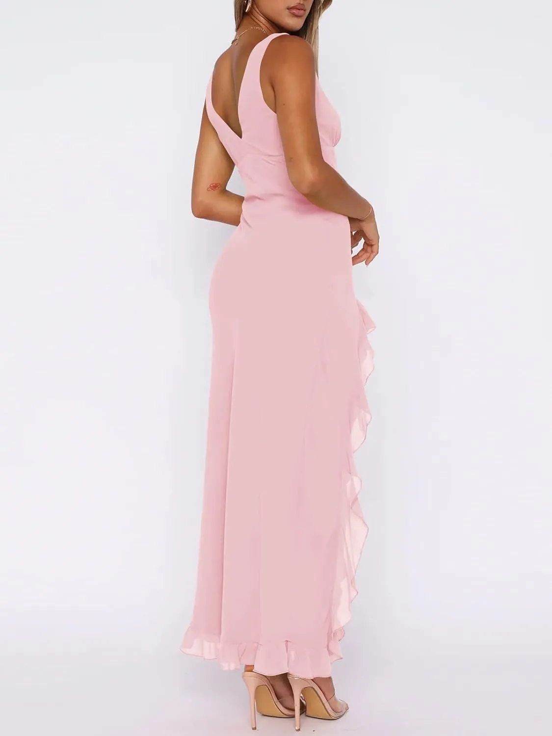 Women Sexy V Neck Sleeveless Mesh Ruffle Hem Bodycon Maxi Casual Backless High Slit Cocktail Party Dress